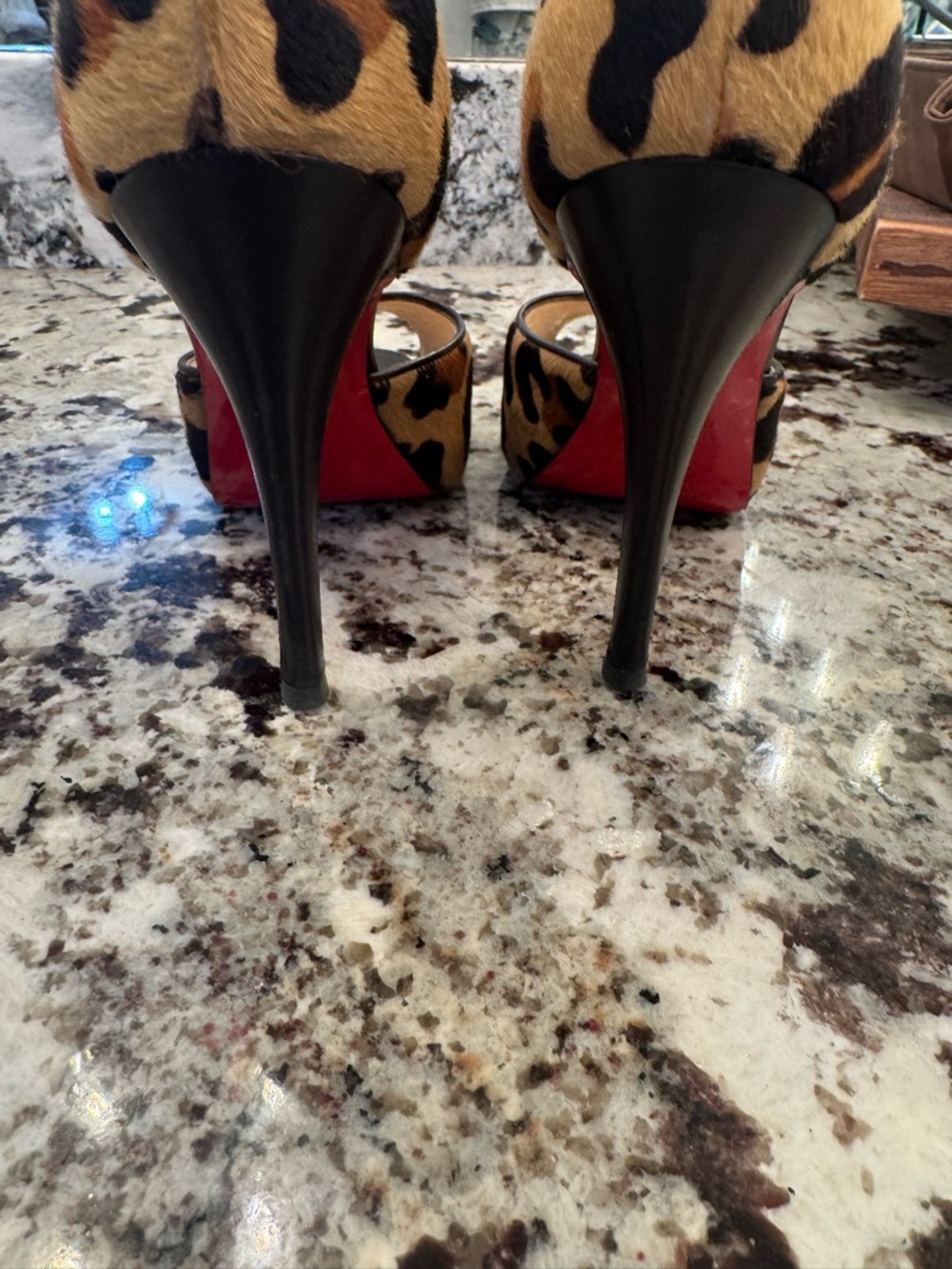 Christian Louboutin Leopard Print Peep-Toe Heels - Brown/Black - Picture 5 of 6